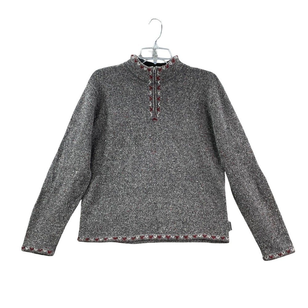 Woolrich Sweater Womens Medium Gray Quarter Zip Fair Isle Heart Wool Blend Knit
